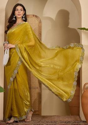 Yellow Embellished Chiffon Saree Set