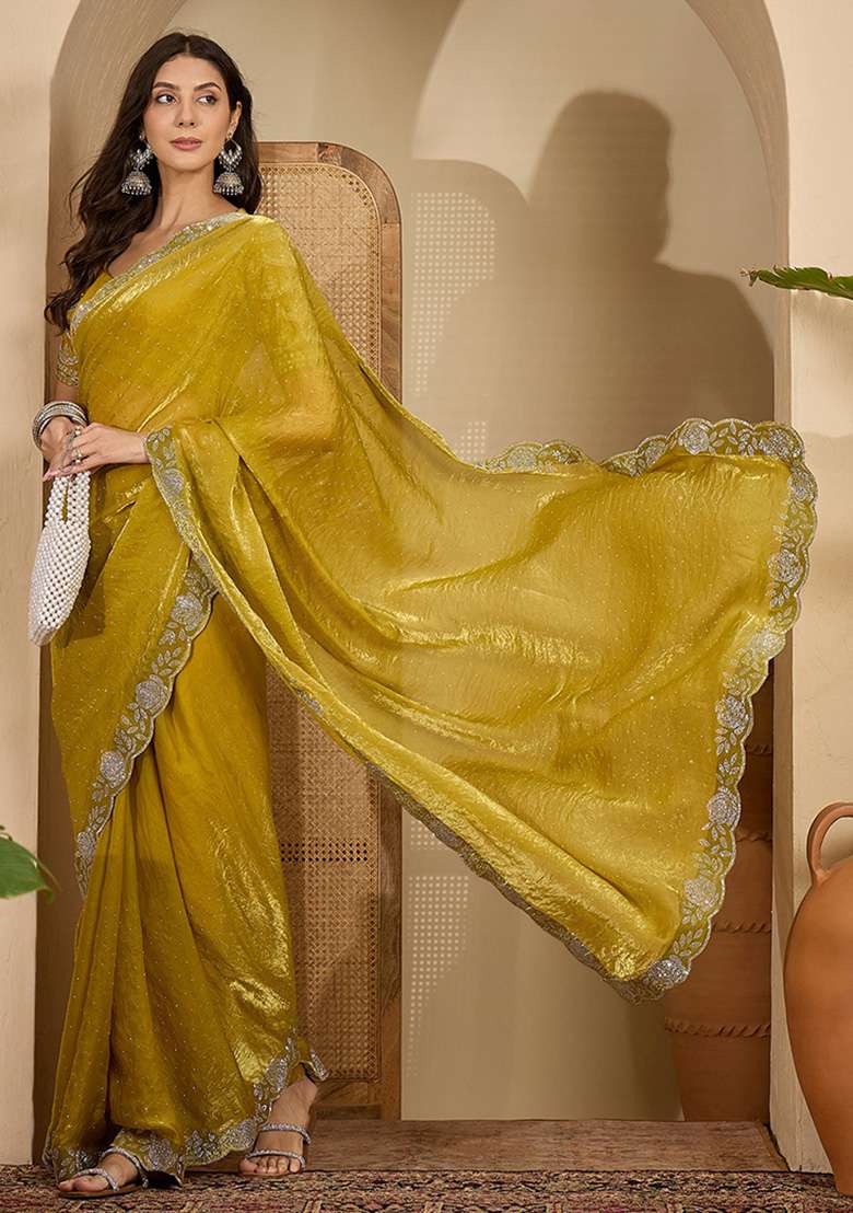 Yellow Embellished Chiffon Saree Set - Indya