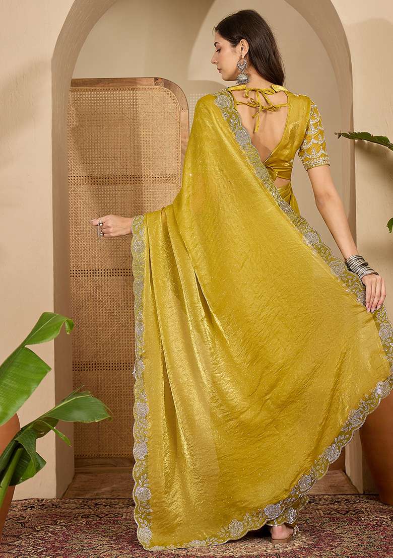 Yellow Embellished Chiffon Saree Set - Indya