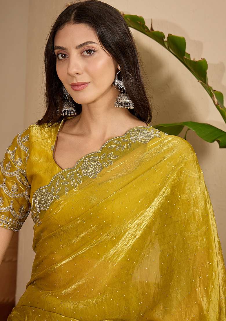 Yellow Embellished Chiffon Saree Set - Indya