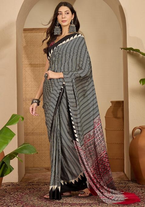 Black Printed Satin Saree Set