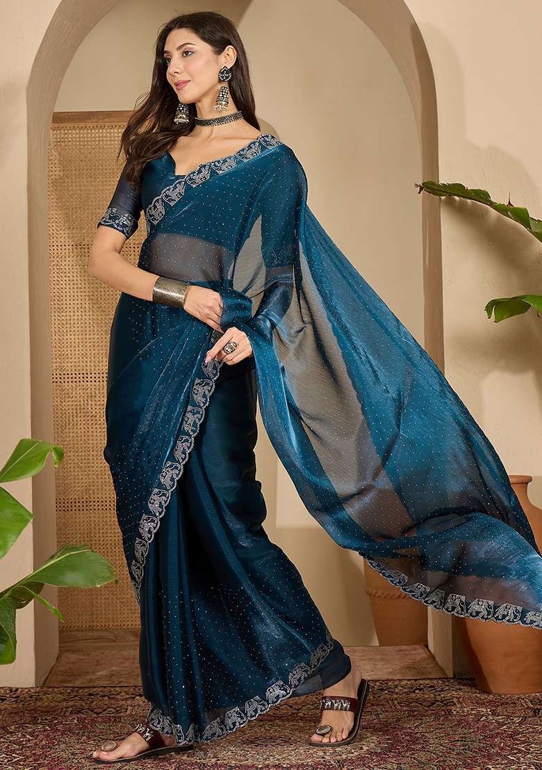 Teal Embellished Silk Blend Saree Set for Diwali | Wedding & Festive Wear - Indya