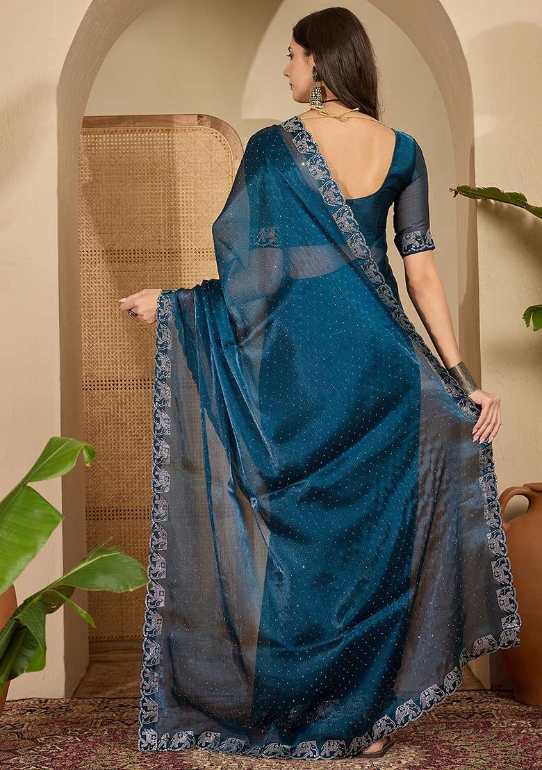 Teal Embellished Silk Blend Saree Set for Diwali | Wedding & Festive Wear - Indya