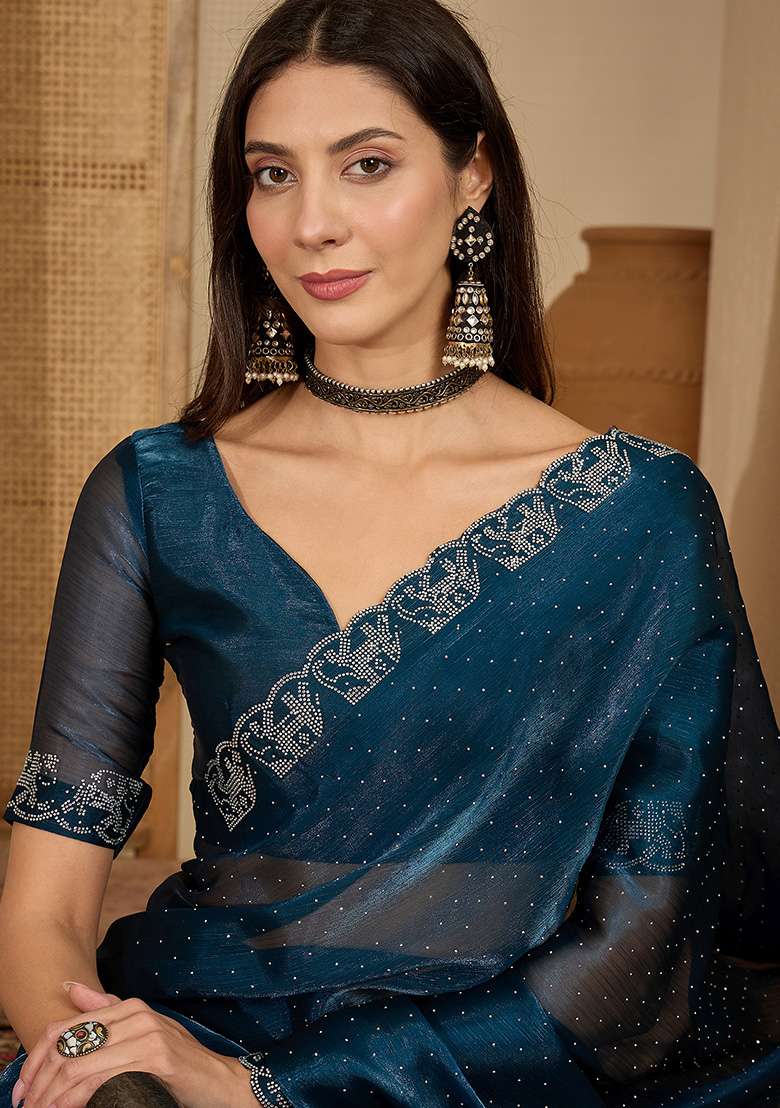 Teal Embellished Silk Blend Saree Set for Diwali | Wedding & Festive Wear - Indya