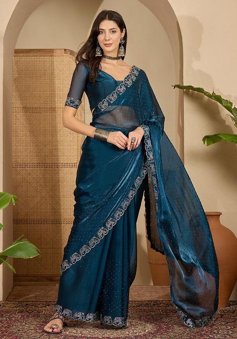 Teal Embellished Silk Saree Set