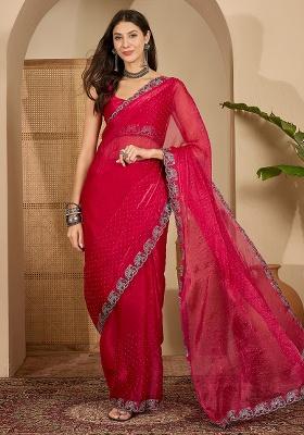 Rani Pink Embellished Silk Saree Set