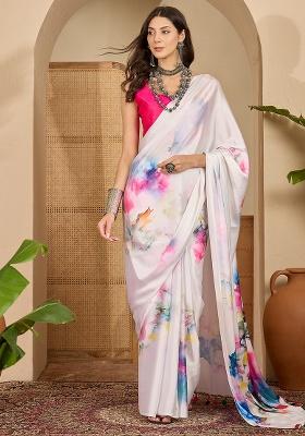 Off White Printed Satin Saree Set