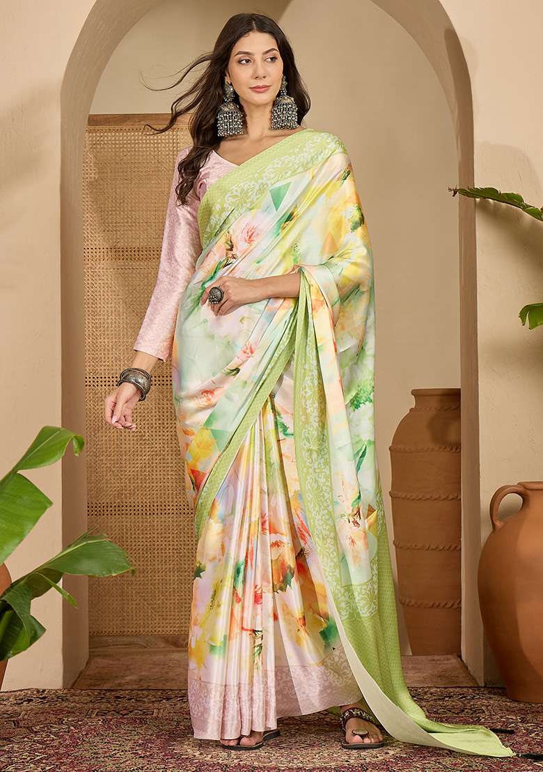 Pista Printed Satin Saree Set - Indya