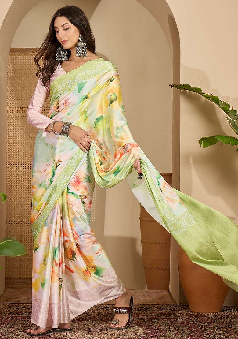 Pista Printed Satin Saree Set - Indya