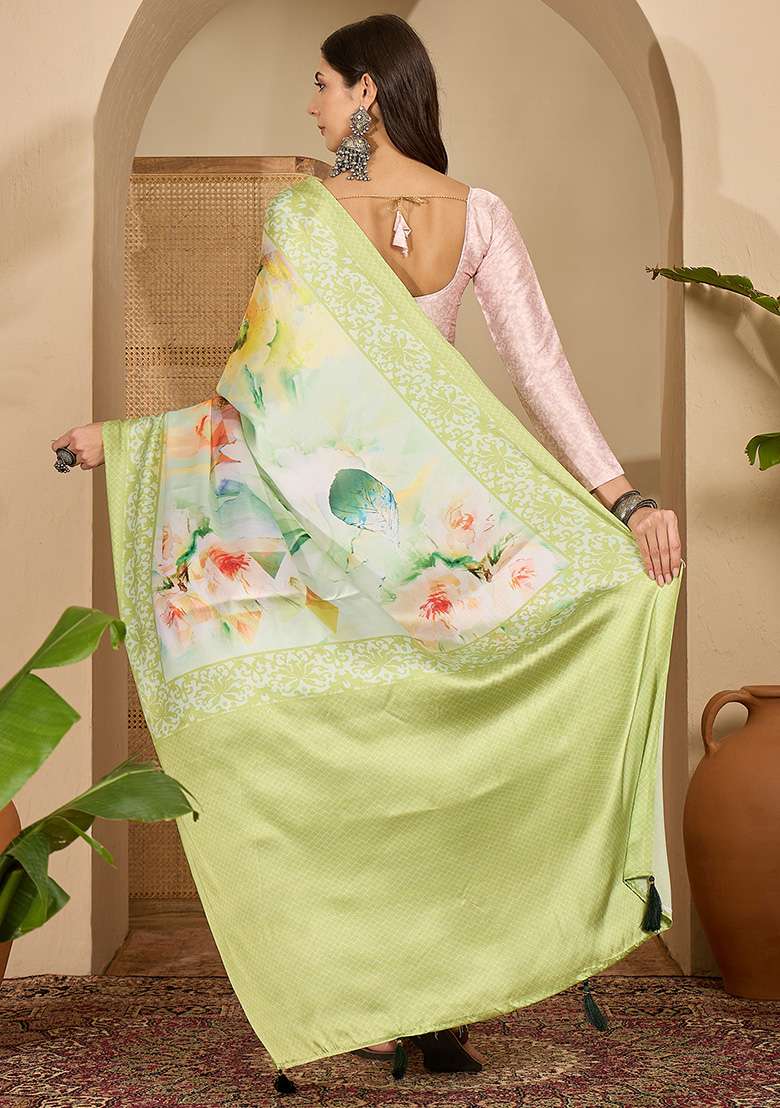 Pista Printed Satin Saree Set - Indya