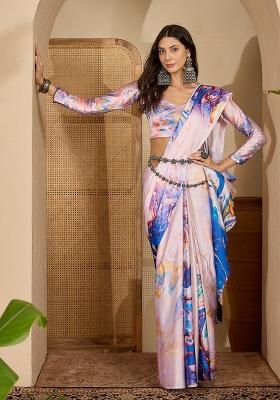 Multicolor Printed Satin Saree Set