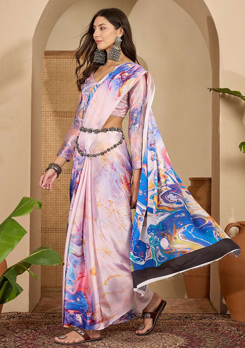 Multicolor Printed Satin Saree Set - Indya