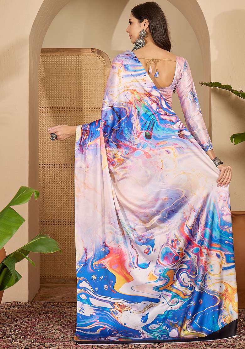 Multicolor Printed Satin Saree Set - Indya