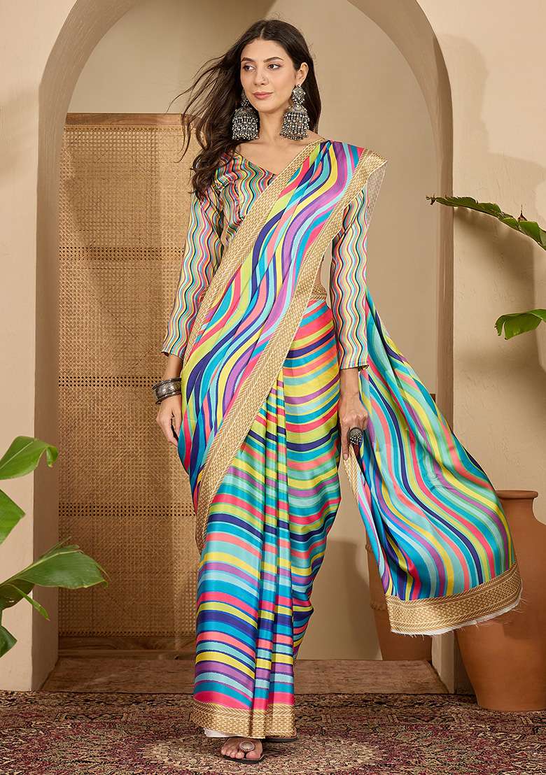 Multicolor Printed Satin Saree Set - Indya