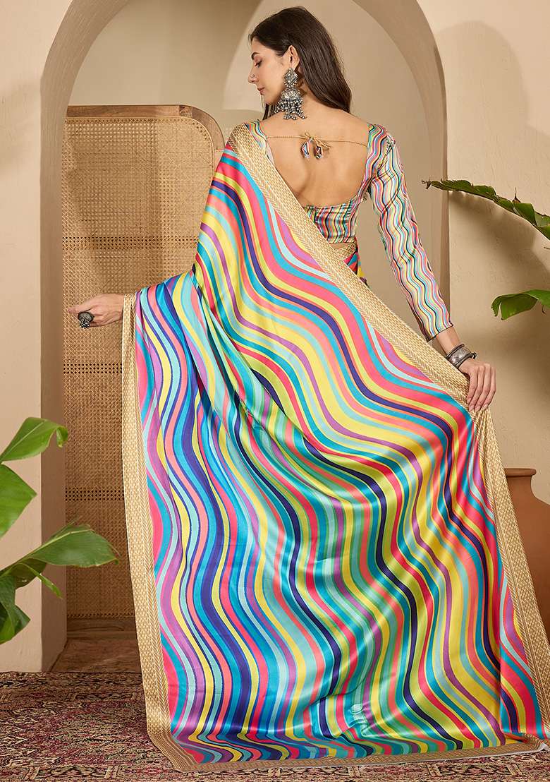 Multicolor Printed Satin Saree Set - Indya