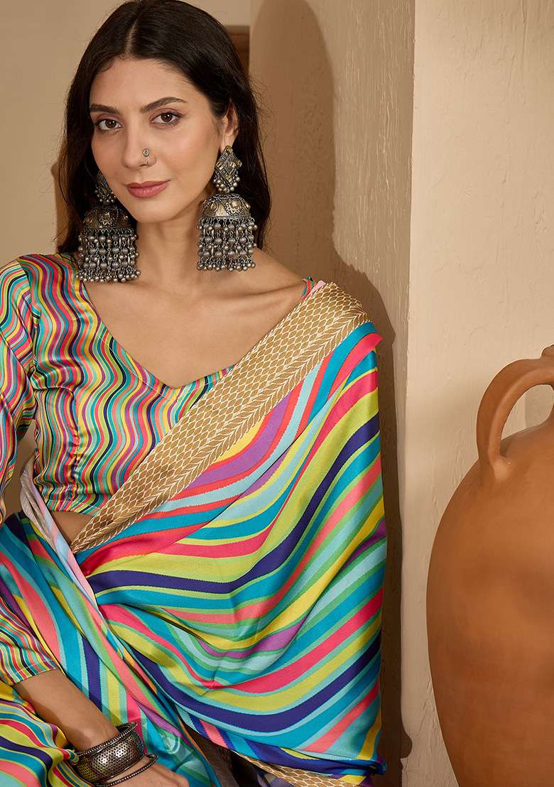 Multicolor Printed Satin Saree Set - Indya