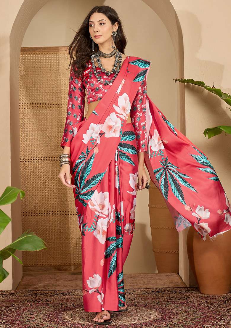 Red Printed Satin Saree Set - Indya