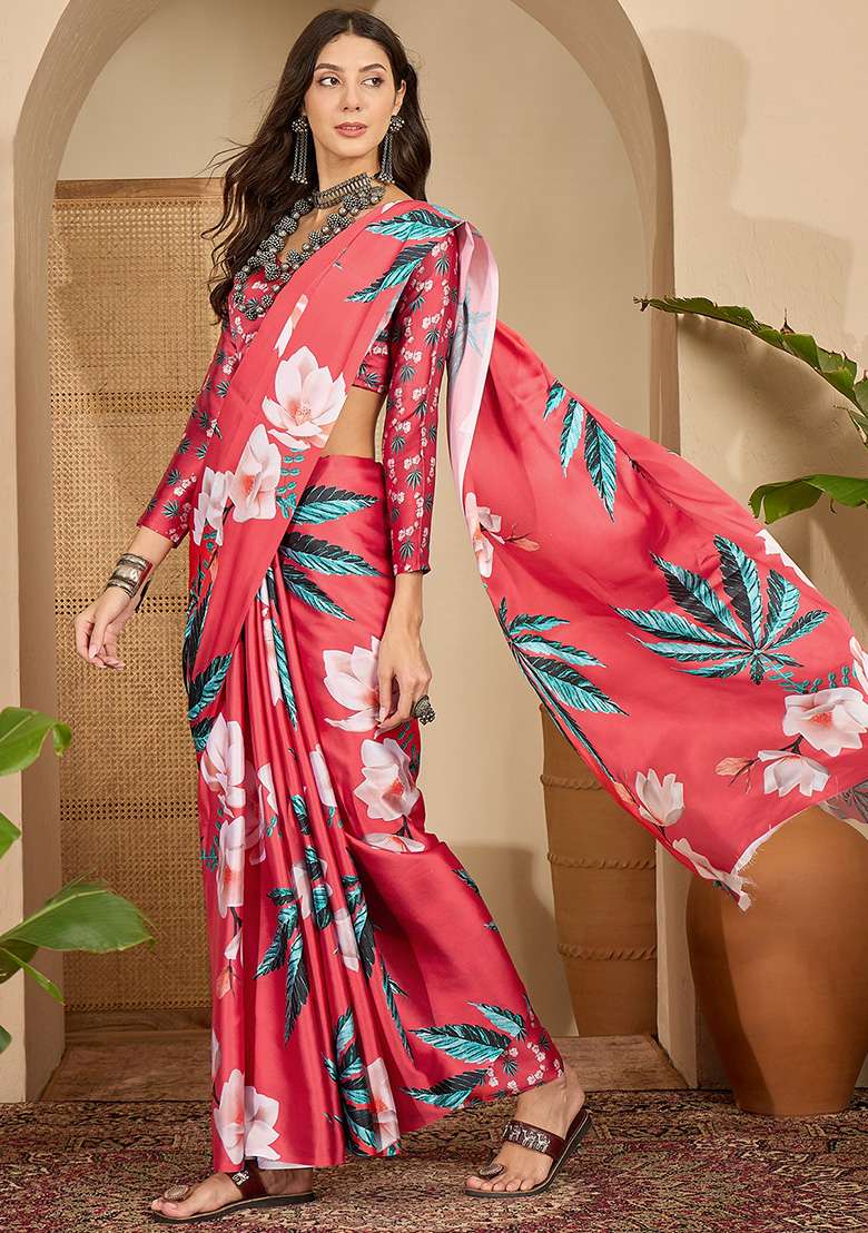 Red Printed Satin Saree Set - Indya