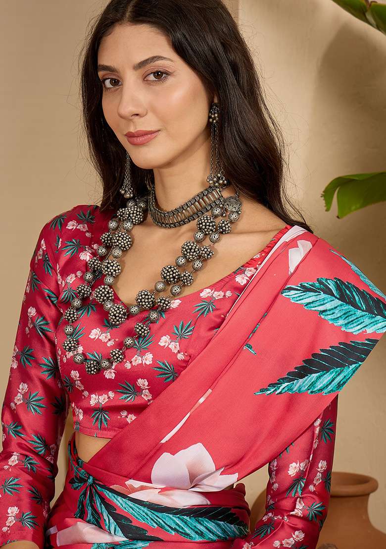 Red Printed Satin Saree Set - Indya