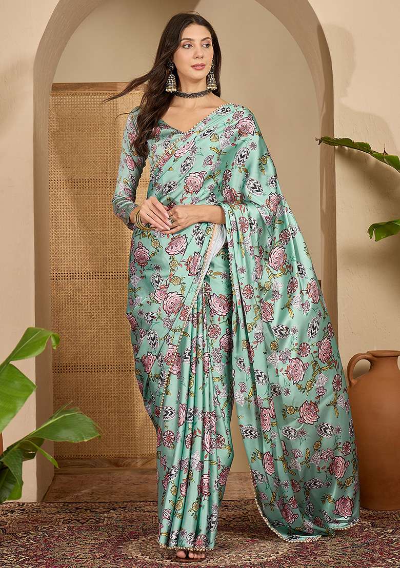 Sea Green Printed Satin Saree Set - Indya