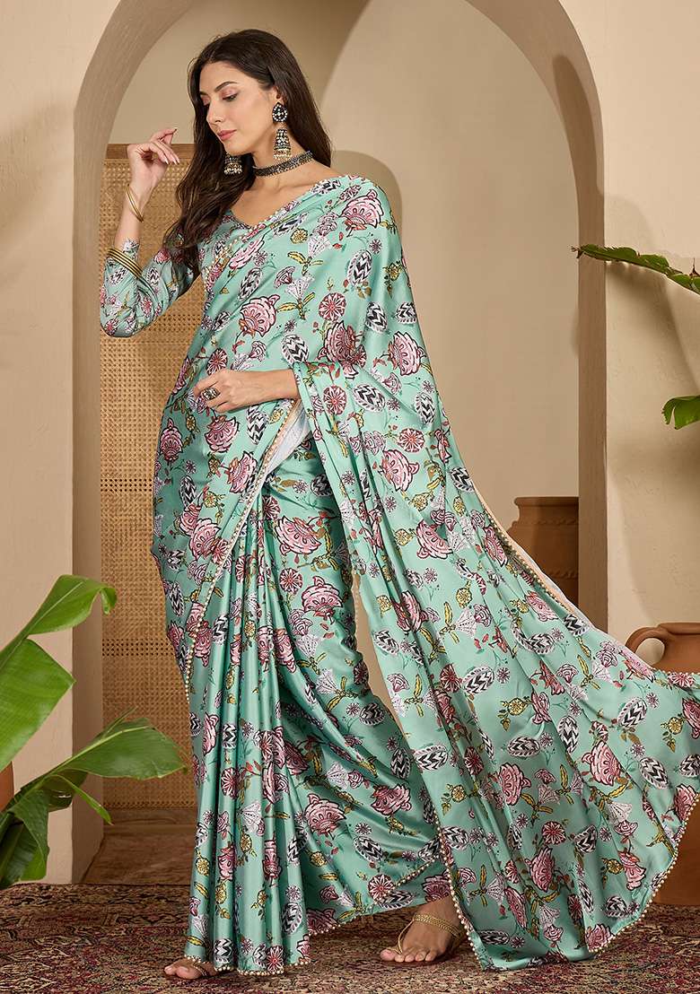 Sea Green Printed Satin Saree Set - Indya