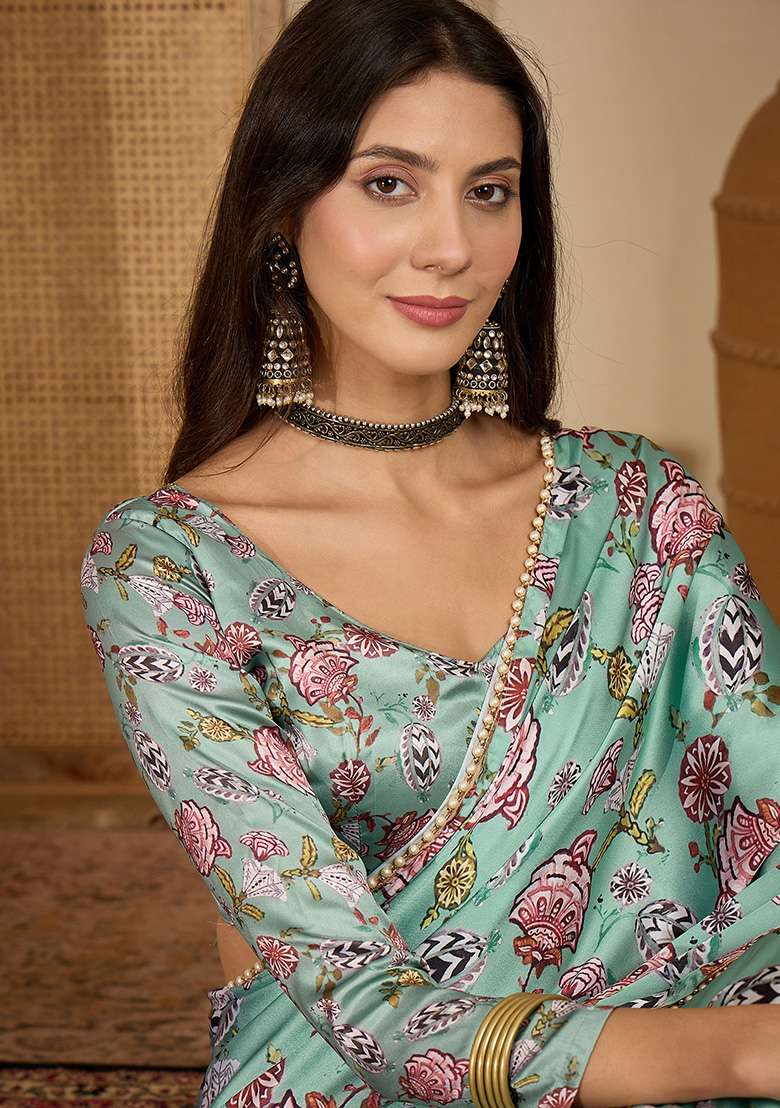 Sea Green Printed Satin Saree Set - Indya