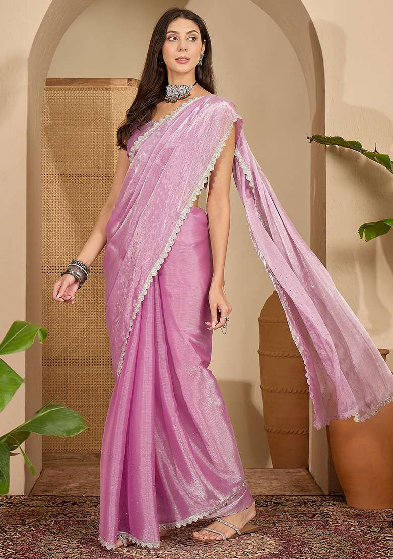 Pink Swaroski Work Chiffon Saree Set for Diwali | Wedding & Festive Wear - Indya