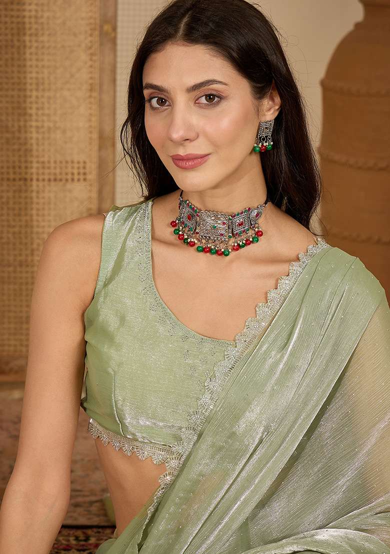 Pista Swaroski Work Chiffon Saree Set for Diwali and Festive Wear - Indya