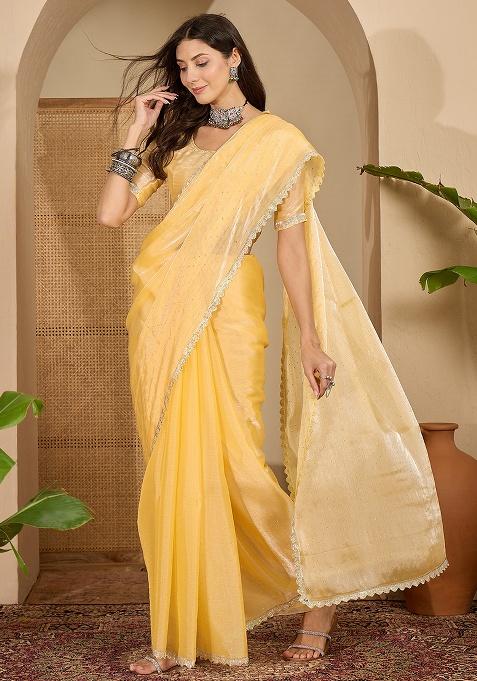 Yellow Swaroski Work Chiffon Saree Set