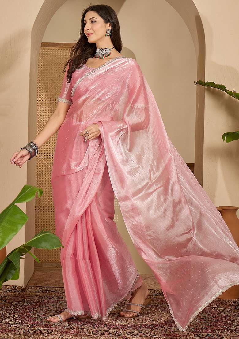 Peach Swaroski Work Chiffon Saree Set for Diwali | Wedding & Festive Wear - Indya