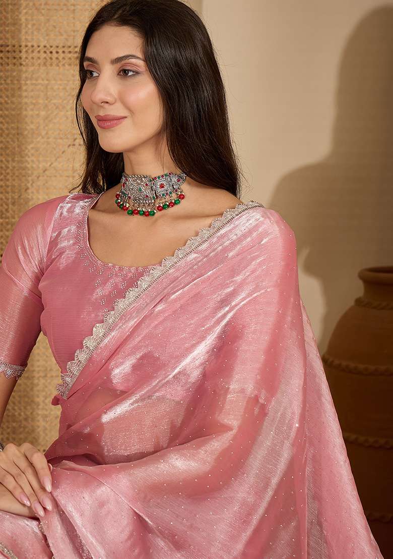 Peach Swaroski Work Chiffon Saree Set for Diwali | Wedding & Festive Wear - Indya