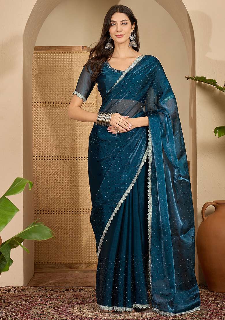 Teal Swaroski Work Chiffon Saree Set for Diwali | Wedding & Festive Wear - Indya