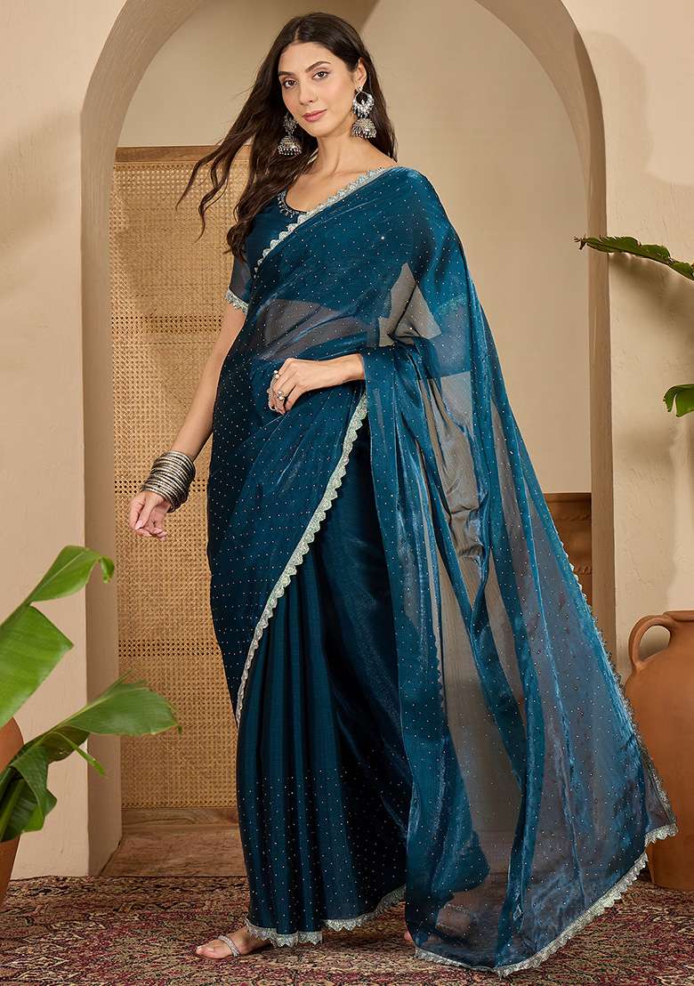 Teal Swaroski Work Chiffon Saree Set for Diwali | Wedding & Festive Wear - Indya