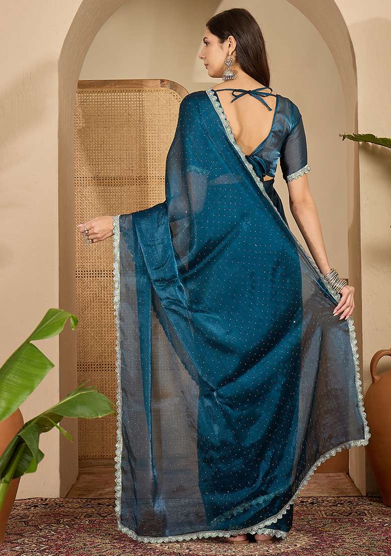 Teal Swaroski Work Chiffon Saree Set for Diwali | Wedding & Festive Wear - Indya