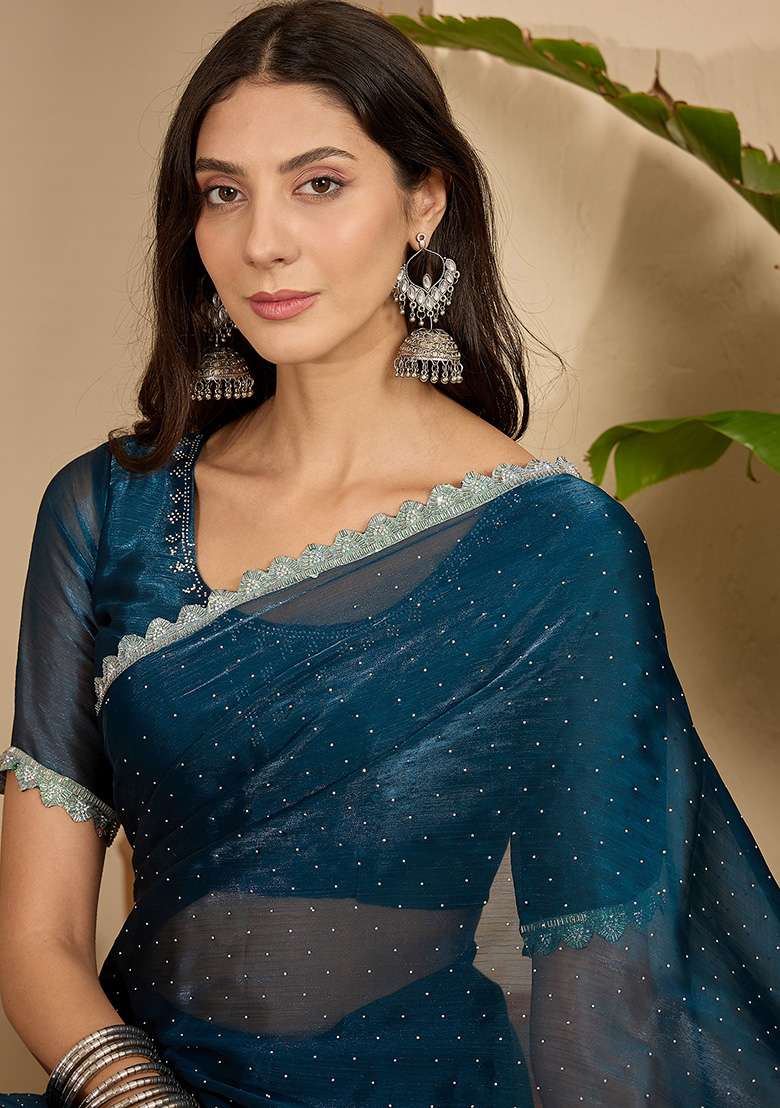 Teal Swaroski Work Chiffon Saree Set for Diwali | Wedding & Festive Wear - Indya