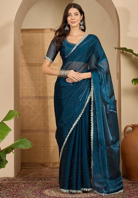 Teal Swaroski Work Chiffon Saree Set