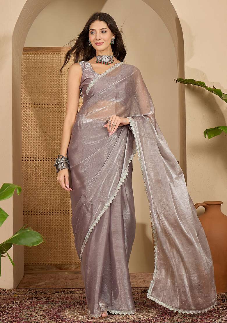 Grey Swaroski Work Chiffon Saree Set for Diwali | Wedding & Festive Wear - Indya