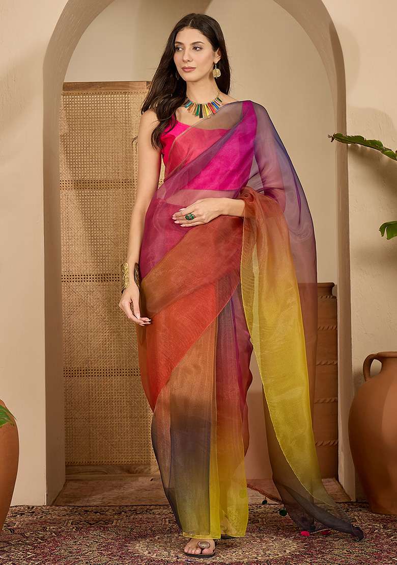 Multicolor Printed Organza Saree Set - Indya