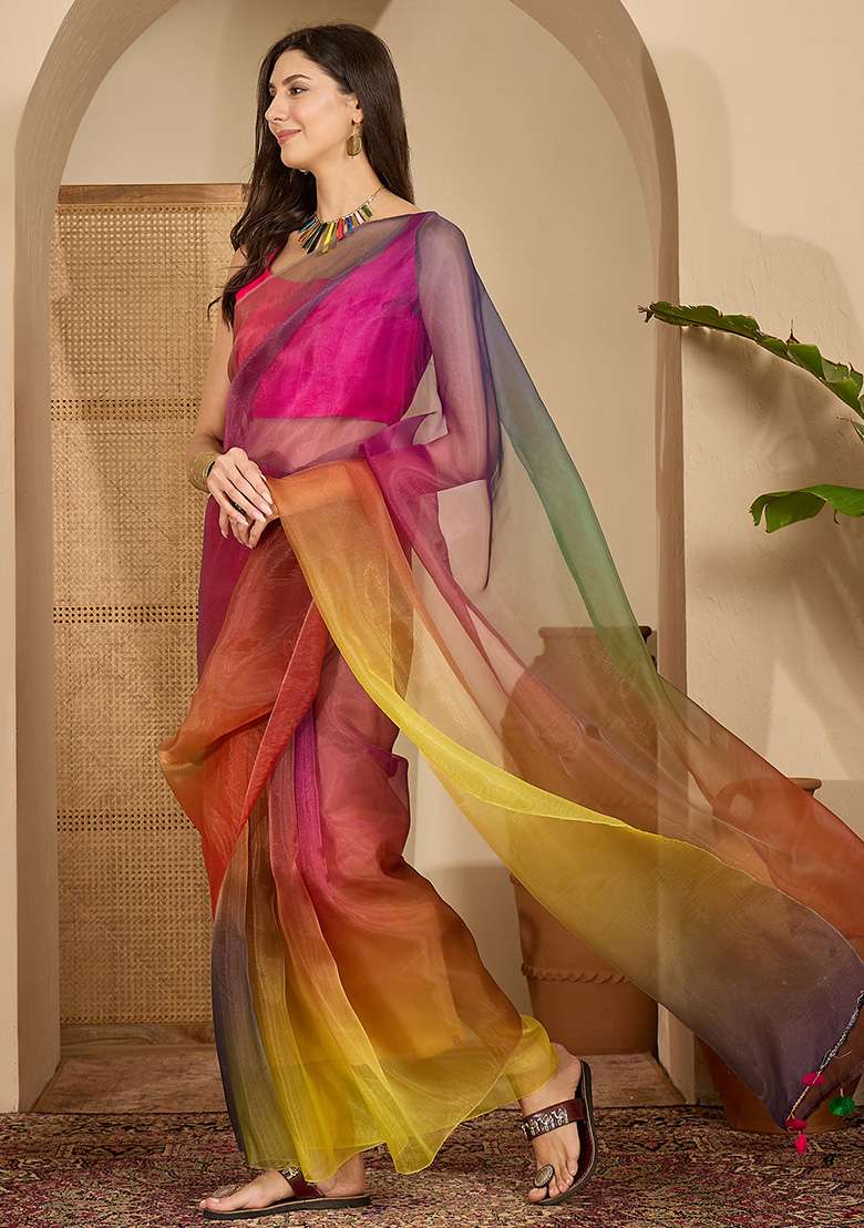 Multicolor Printed Organza Saree Set - Indya