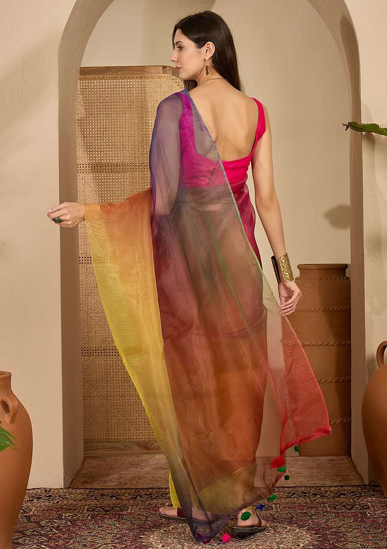 Multicolor Printed Organza Saree Set - Indya