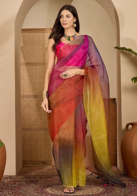 Multicolor Printed Organza Saree Set