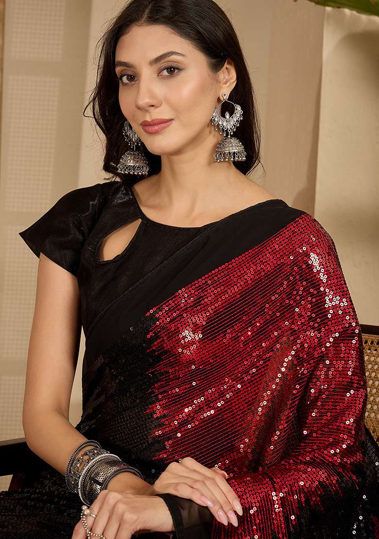 Red Sequence Georgette Saree Set - Indya