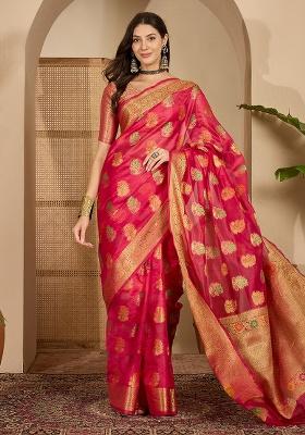Rani Pink Woven Organza Saree Set