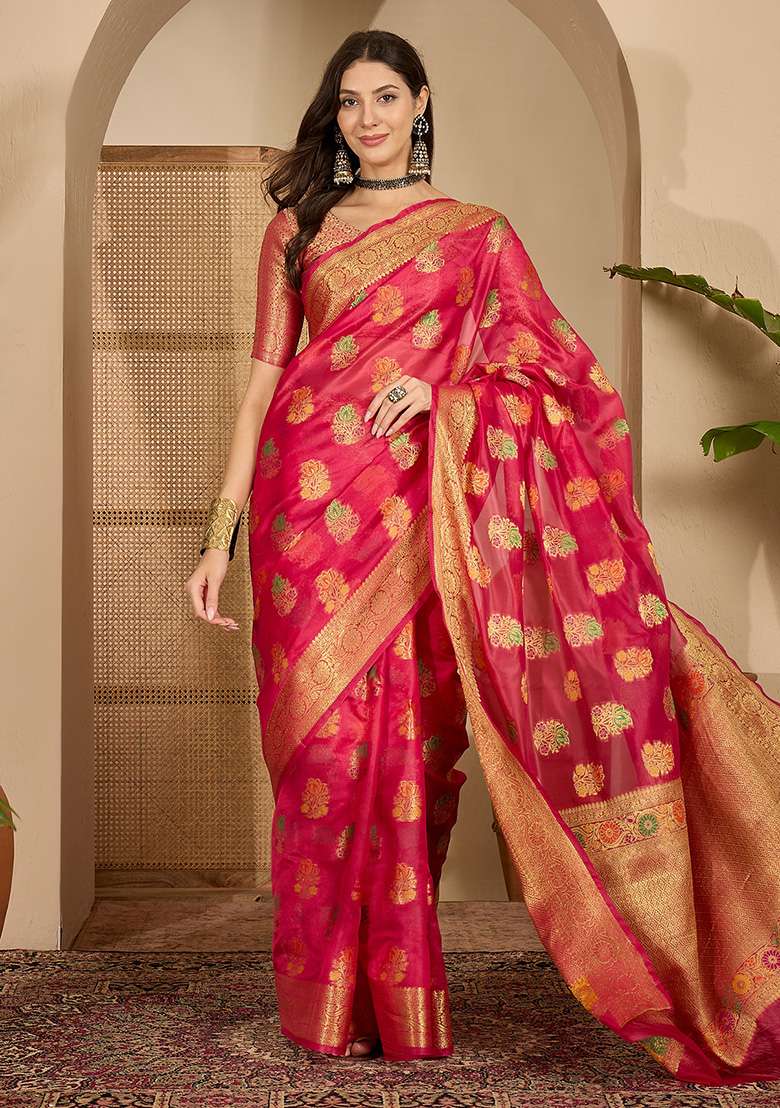 Rani Pink Woven Organza Saree Set for Diwali | Wedding & Festive Wear - Indya