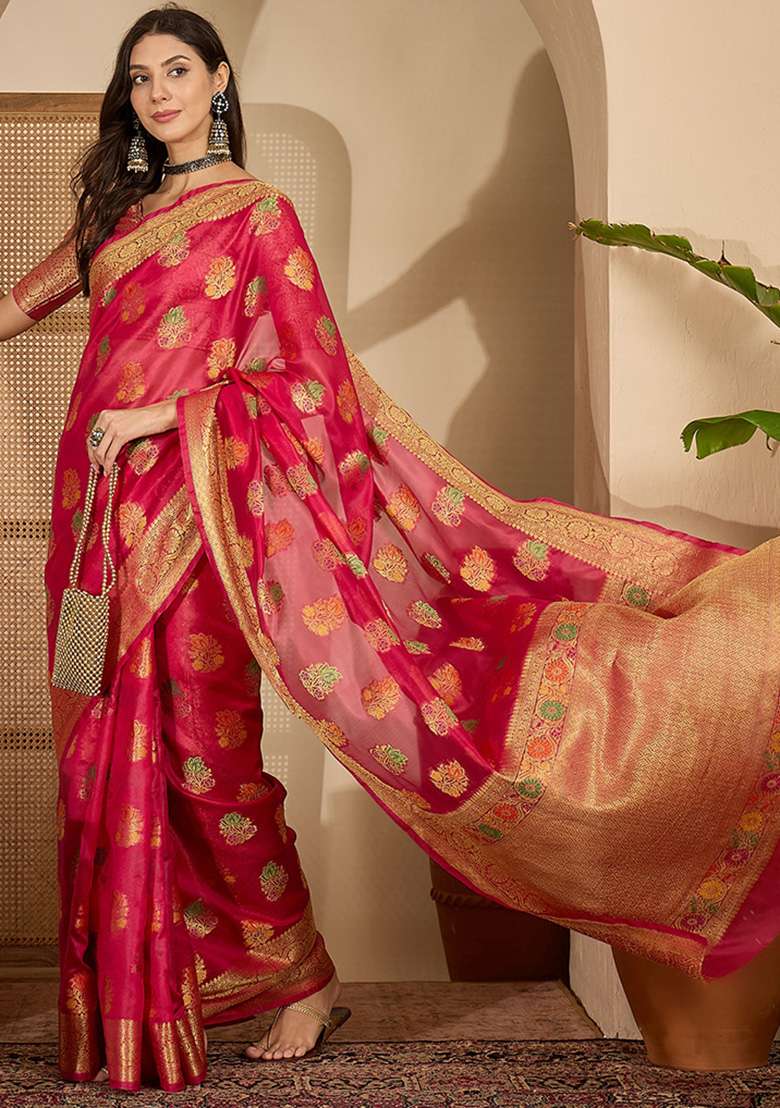 Rani Pink Woven Organza Saree Set for Diwali | Wedding & Festive Wear - Indya
