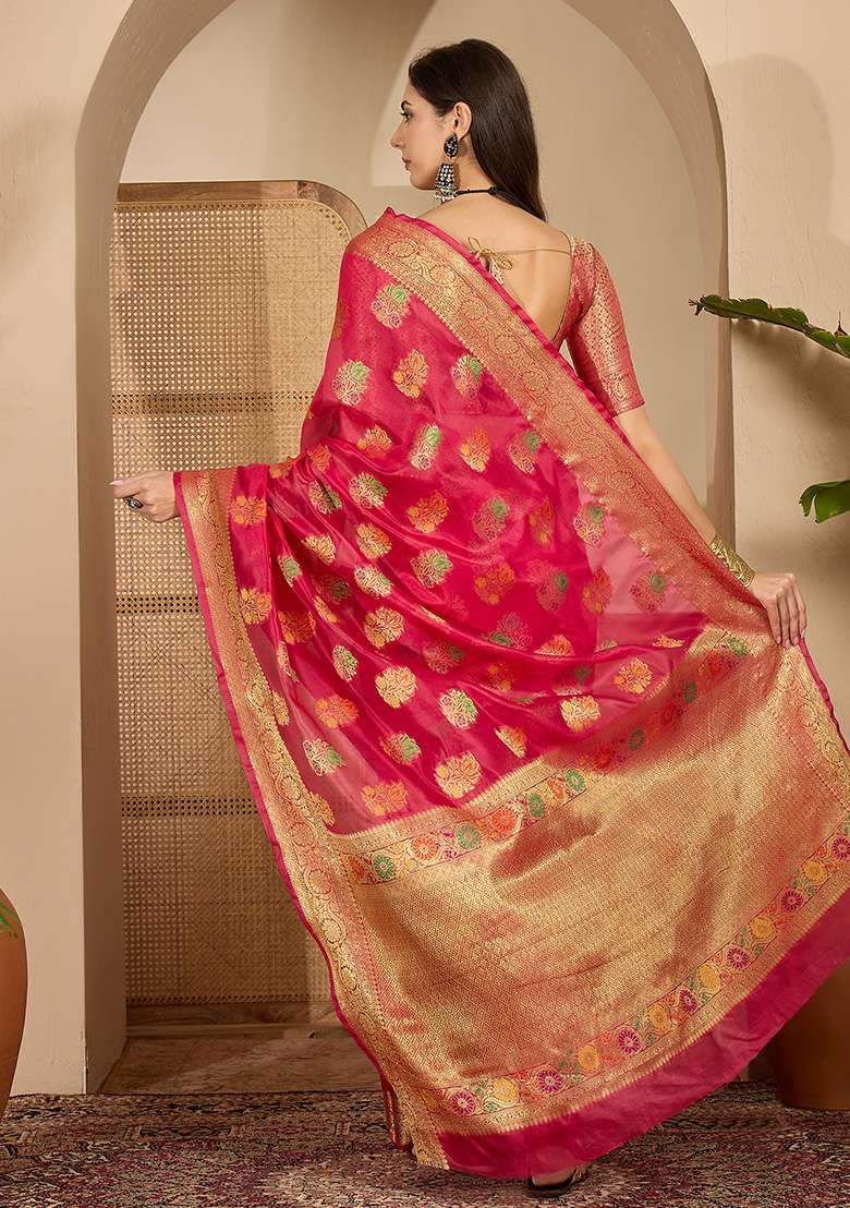 Rani Pink Woven Organza Saree Set for Diwali | Wedding & Festive Wear - Indya