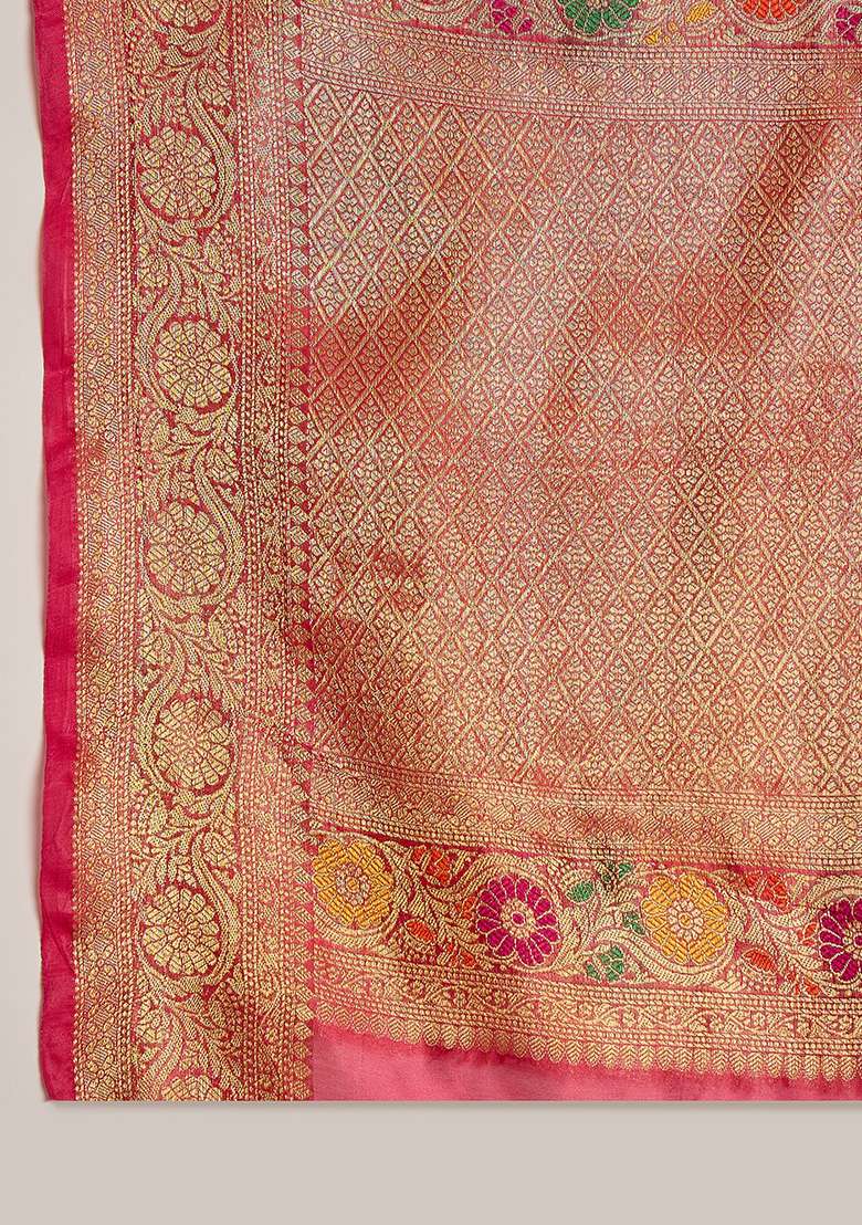Rani Pink Woven Organza Saree Set for Diwali | Wedding & Festive Wear - Indya