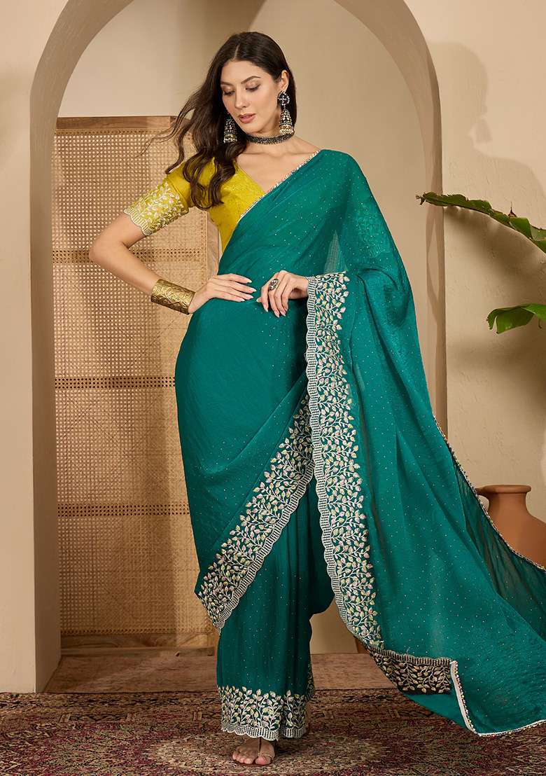 Rama Embroidery Chiffon Saree Set - Indya