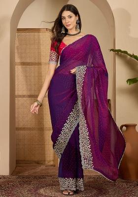 Purple Embroidery Chiffon Saree Set