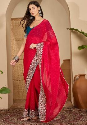 Rani Pink Embroidery Chiffon Saree Set